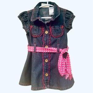 Carter’s Girls Denim Dress, Flower Appliqué Pink Polka Dot Belt, Ruffle Piping